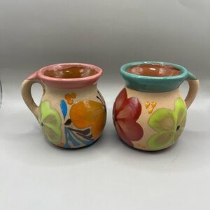 Redware Terracotta Mugs Hand Painted Butterfly And Flowers